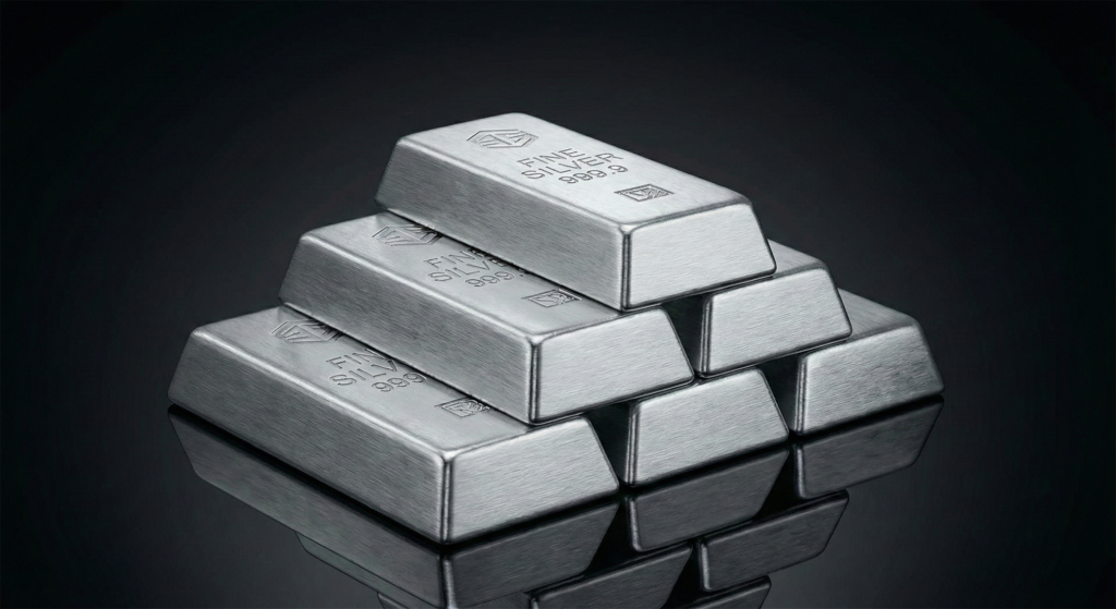 A stack of six brushed silver bullion bars arranged in a pyramid shape on a dark, reflective surface