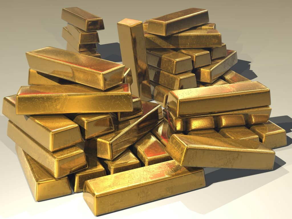 A digital illustration of a large, disorganised pile of shiny gold bars casting shadows on a light grey surface.